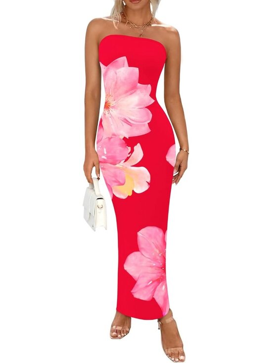 Dresses & Skirts - Women's Sexy Black/Pink Floral Strapless Tube Long Bodycon Maxi Club Party Dress